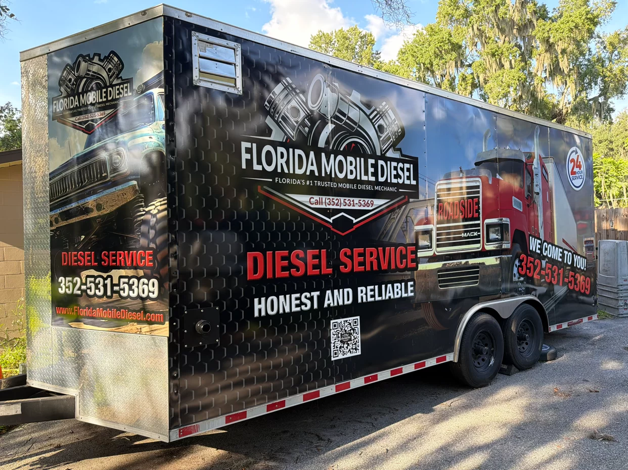 Florida Mobile Diesel roadside service trailer with heavy-duty truck graphics